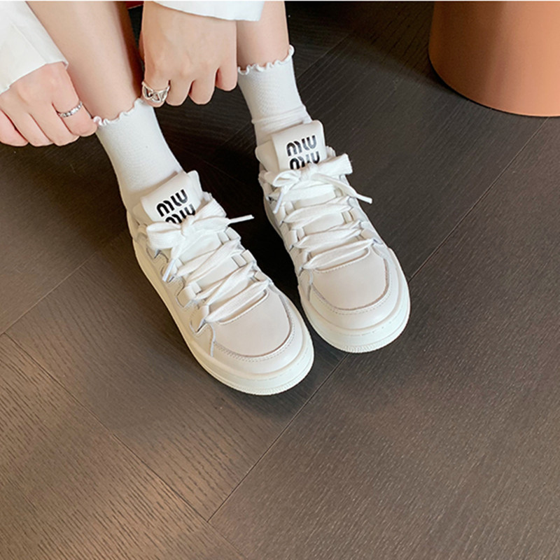 Miu Thick-Soled White Shoes for Women 2024 Spring & Fall New Height-Increasing Sneakers Sports Casual Genuine Leather Classic Versatile Women's Shoes