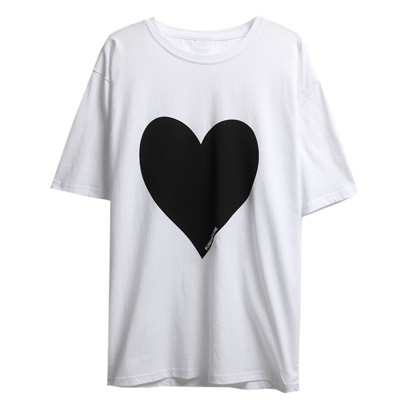 2023 New European Summer White T-shirt Women's Love Peach Mid-length Loose Round Neck Short Sleeve Top