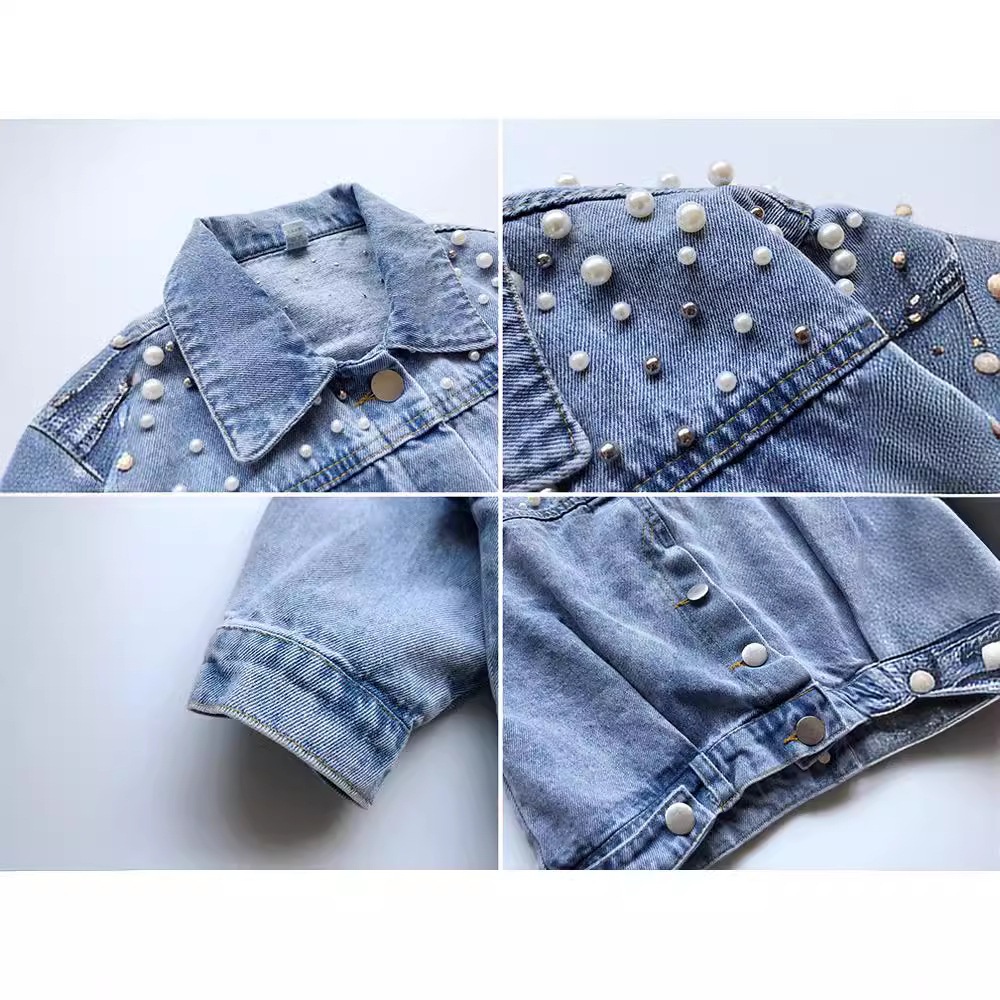 Picture of 2025 New Spring and Autumn Dress Girls Heavy Industry Beaded Pearl Pearl Denim Coat Children's Wear Girl Baby Fashion Coat