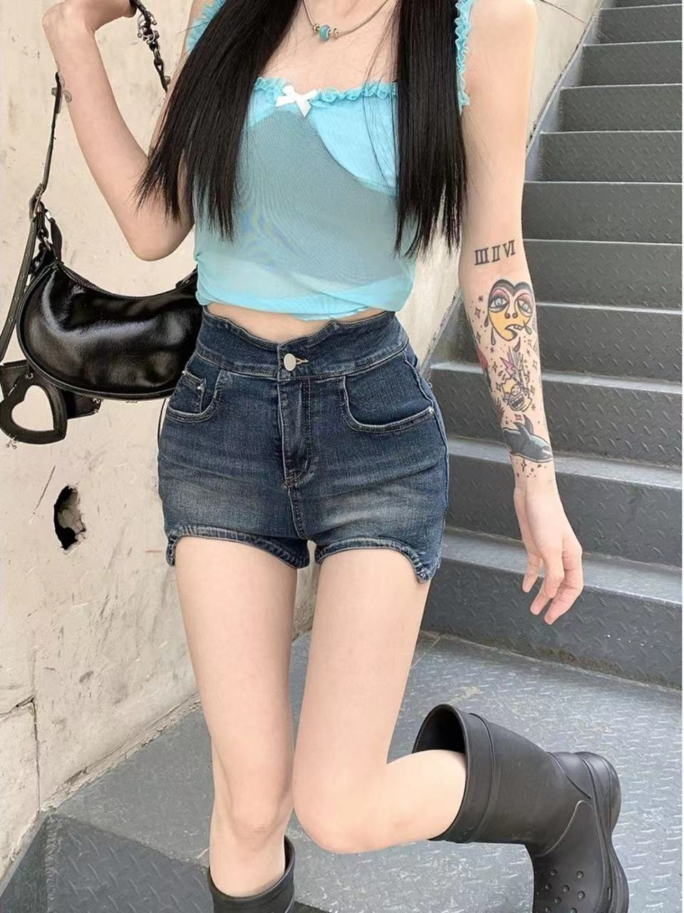 Retro American Style High Waist Stretch Denim Shorts Women's Summer New Slimming Thin A- Shirt Tight Hot Pants Trendy