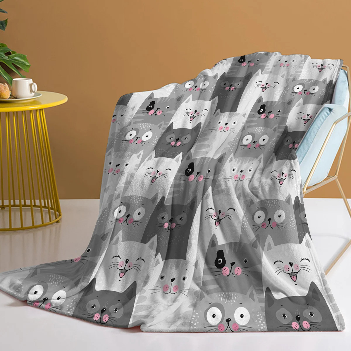 Cross-Border Popular Pink Face Gray Cat Blanket Printed Throw Blanket Plush Fluffy Flannel Blanket Soft Sofa Bed Cover Blanket