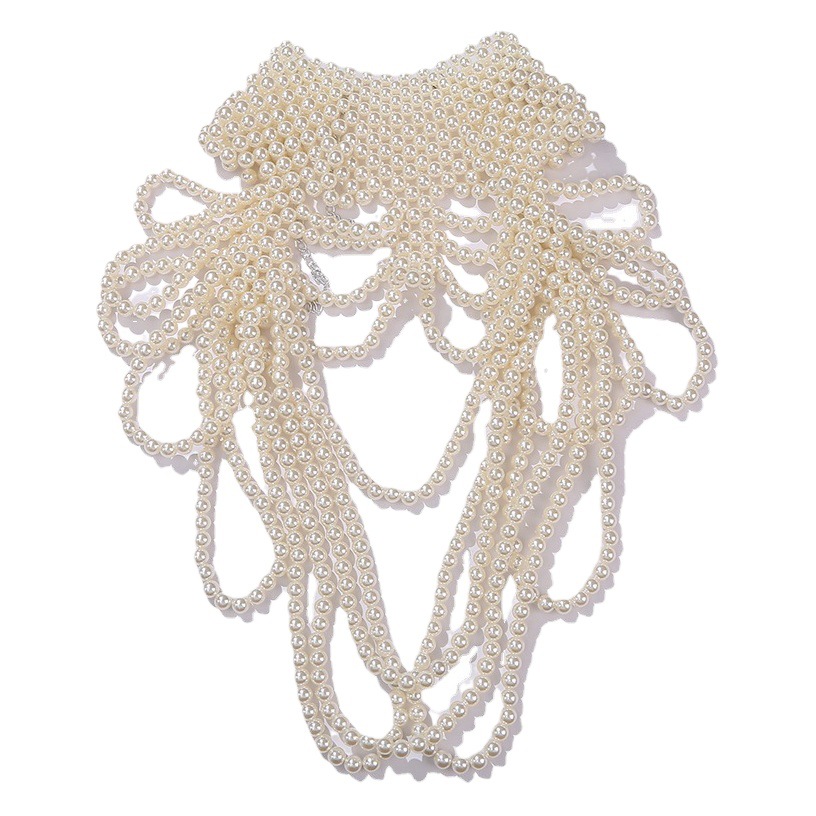 Cross-border retro exaggerated heavy industry Pearl shawl layered style hollow shoulder chain woven sexy body chain