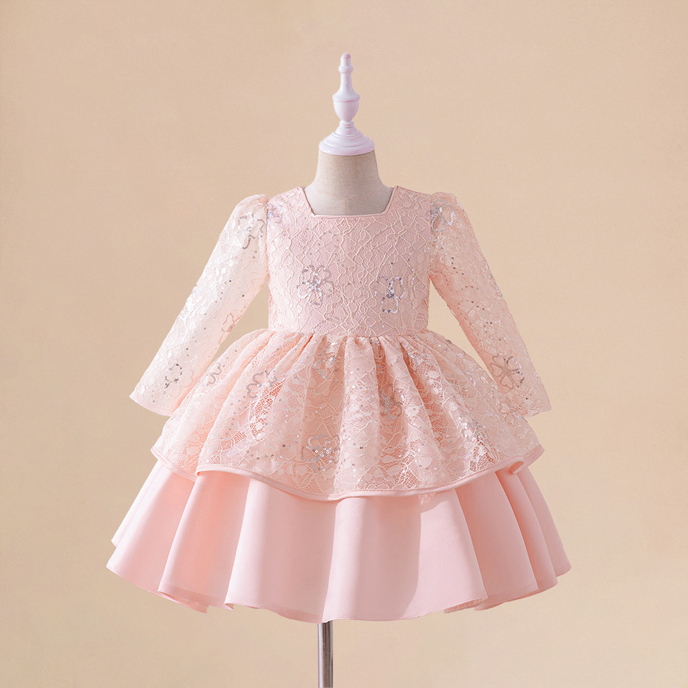 Cross-border Amazon Children's Dress British-style Beaded Embroidered Long-sleeved Puffy Princess Dress Wedding Flower Girls Dress