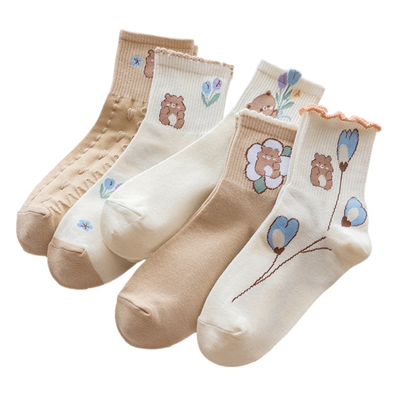 Cute Japanese Style Small Flower Socks Women's Mid-length Socks Ins Trendy Autumn and Winter South Korea Cartoon Bear Socks Bubble Mouth Lacy Socks