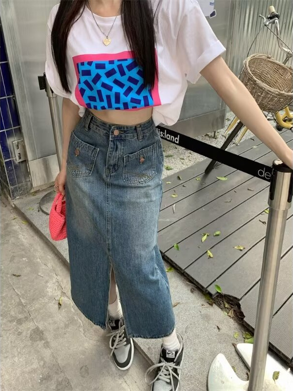 High Waist Retro Denim Skirt Women's Autumn Design Sense Loose Pear Shape Slimming Split Mid-length A- line Skirt Trendy