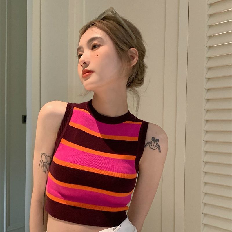 Pure Desire Style Striped Knitted Vest Sling Women's Hong Kong Style chic New Style Inner Wearing Outer Wearing Short Base Top for Summer