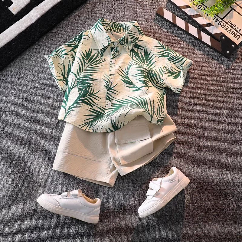 Picture of Children's Short-Sleeved Shirt Summer Beach Seaside Boy Floral Shirt Hong Kong Style Baby Summer Top Boy Shorts Suit