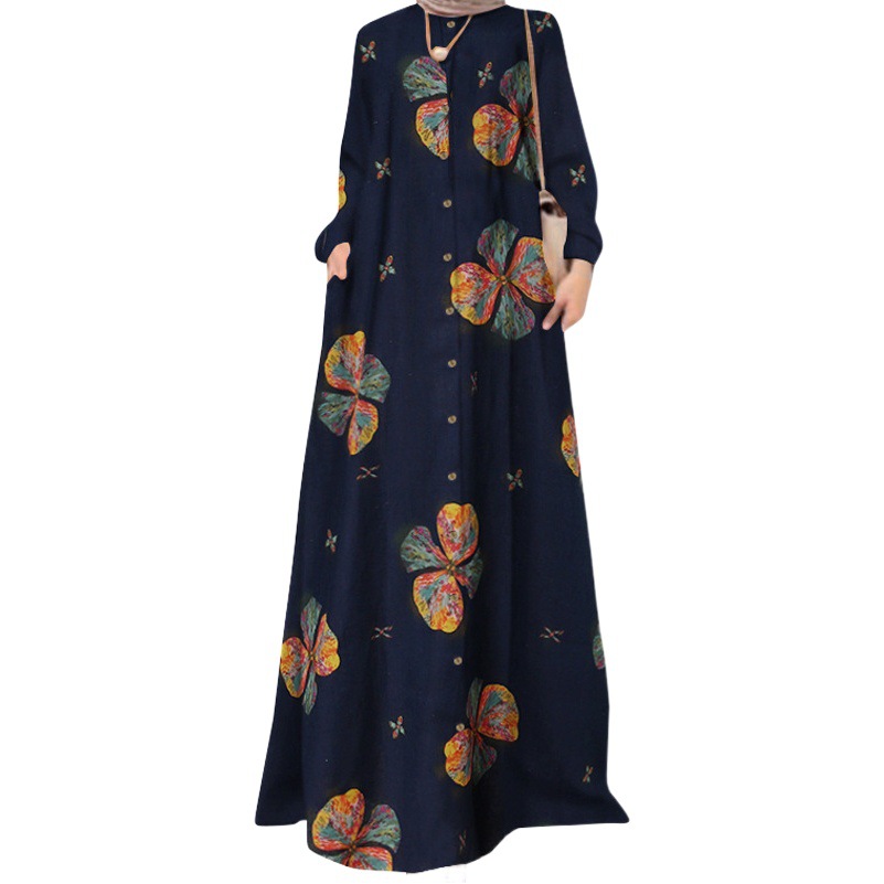 Cross-Border Trade Cotton and Linen Printed Shirts, Plus-Size Women's Casual Retro Long-Sleeved Robes, Loose Dresses