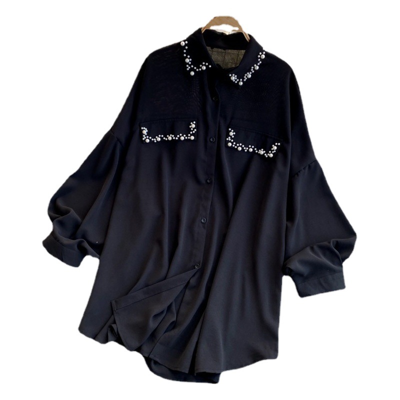 European and American shirt Summer New Chiffon shirt Women's Lapel Bubble Sleeve Loose Slim Look Beaded All-match Top Women's Trendy
