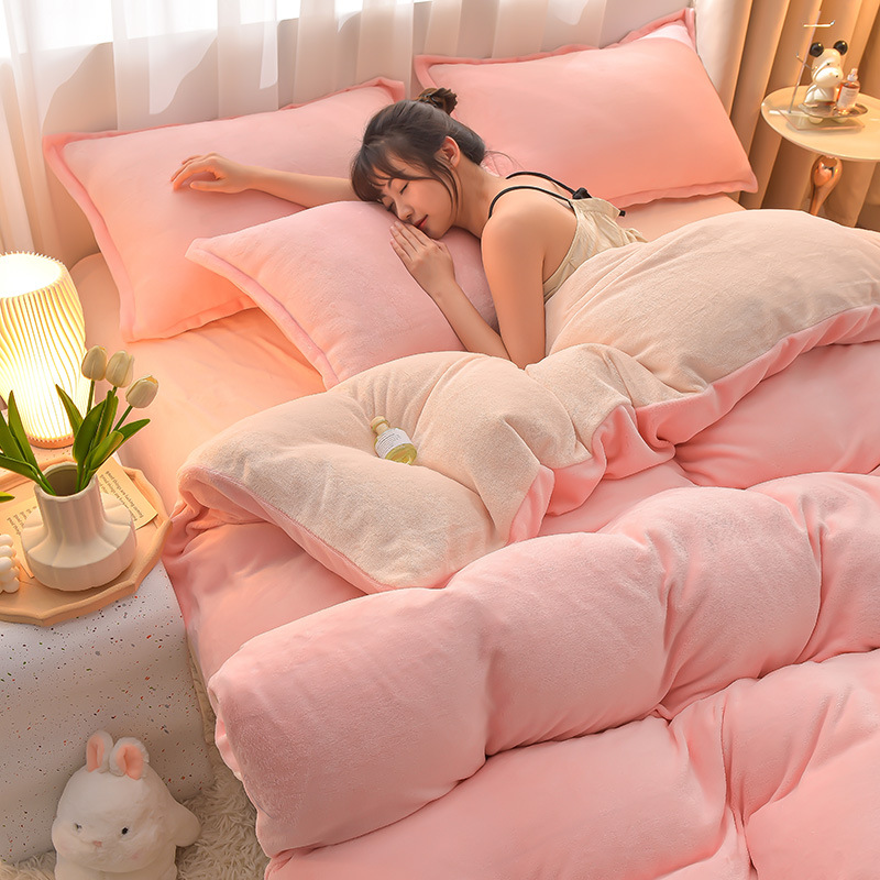 Picture of Category a Maternal and Infant Grade Milk Velvet Four-Piece Set, Warm and Thickeneded Coral Velvet Fleece-Lined Bed Sheets, Fitted Bed Sheets, Quilt Cover, Three-Piece Set
