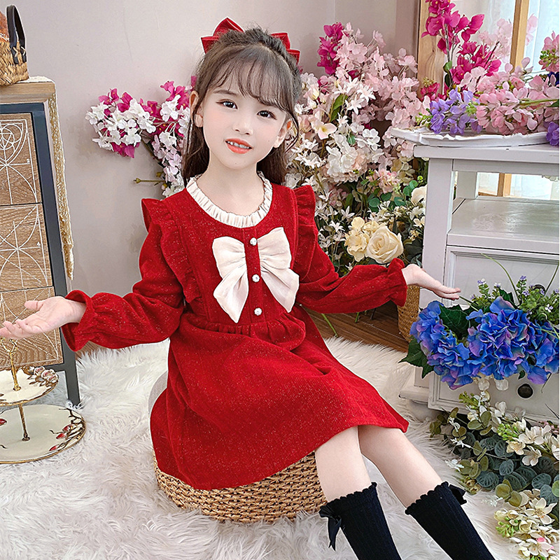 Autumn and Winter New Children's Clothing, Casual and Versatile, Girls' Long-Sleeved Dresses, Fashionable and Cute Baby Girl's Holiday Performance Dress