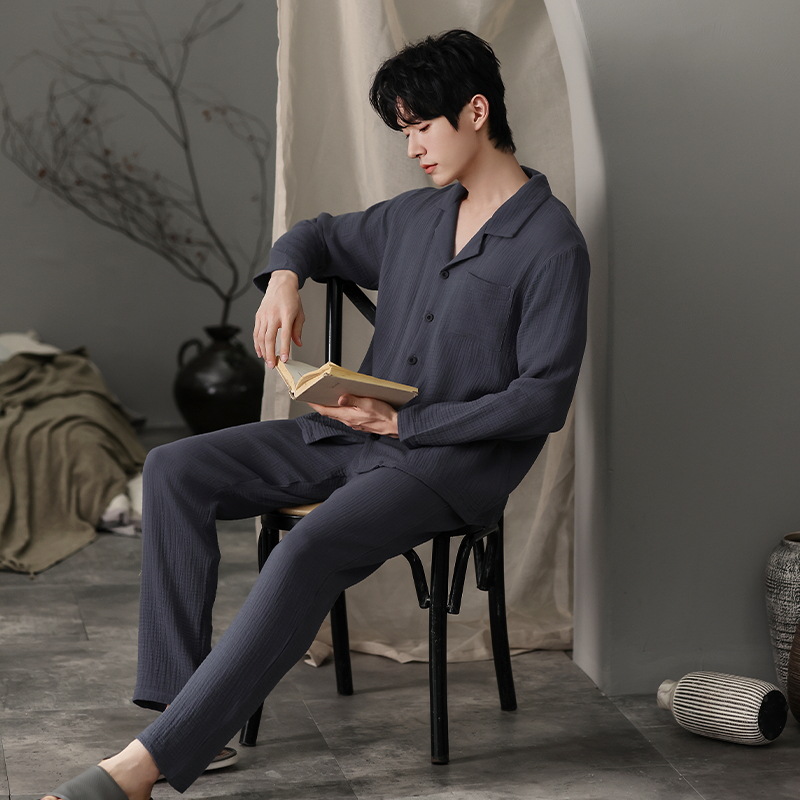 Cotton Pajamas Men's Long Sleeve Spring and Autumn Pure Cotton Cardigan suit Pure Cotton Nightgown Thin Men's Home Clothes suit