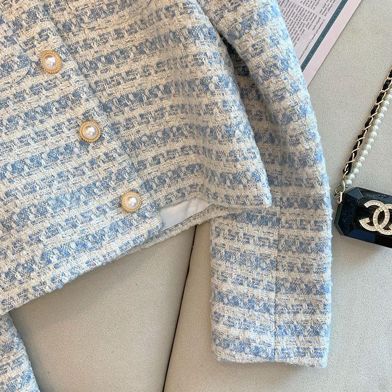 Picture of Blue Tweed Jacket for Women 2025 Spring and Autumn French Style Elegant Pearl Button Tweed Short Jacket