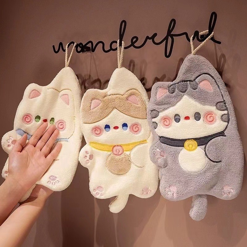 Cat Hand Towel, Cute Hanging Coral Velvet Absorbent Small Towel, Kitchen Rag, Children's Hand Towel