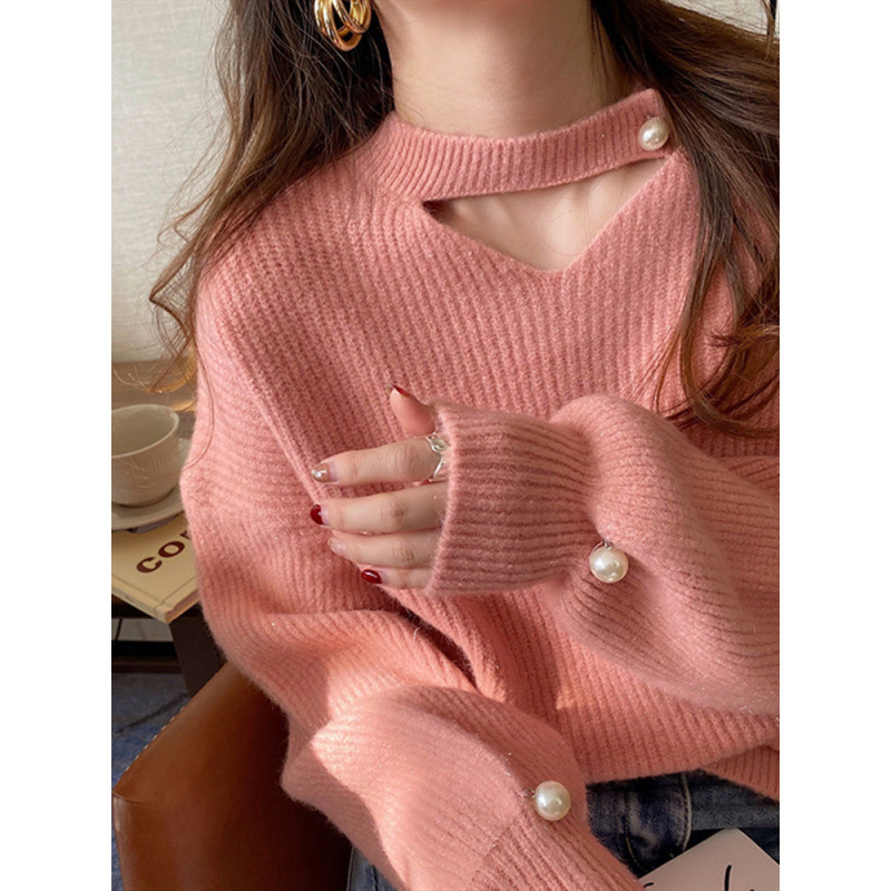 Design Sense Niche Sweater Women's 2024 Autumn and Winter New Loose Korean Style V-neck Pink Hollow Sweater Top