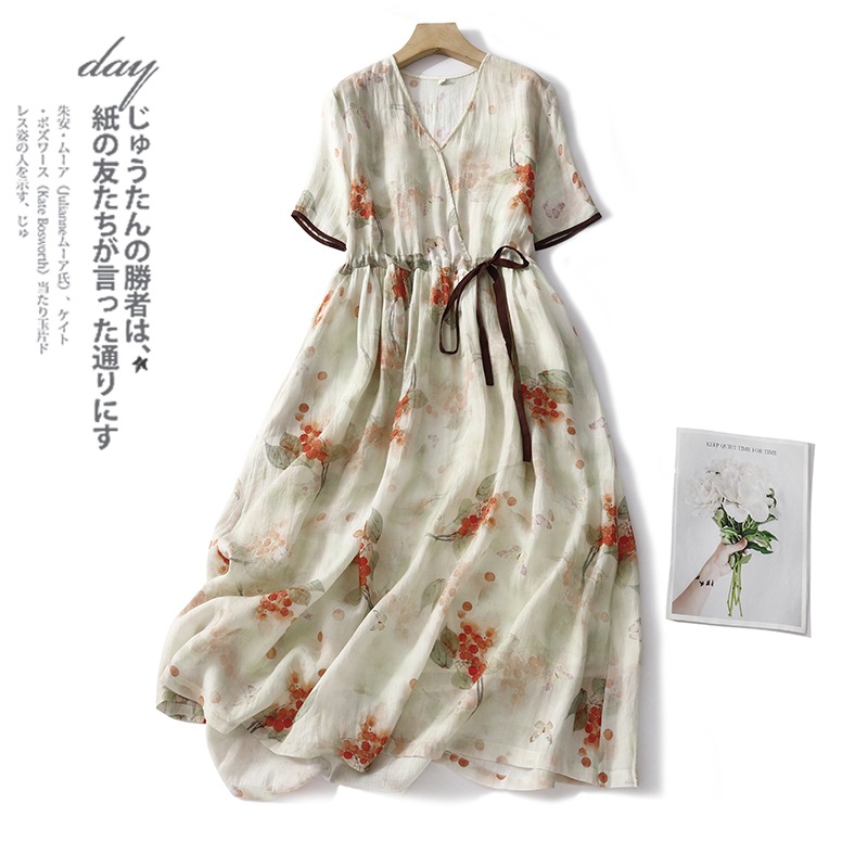 Actual Shot of 2025 New Summer Cotton and Linen Printed Dress, Elegant V Neck Ramie Large Hem Mid-Length Skirt for Women