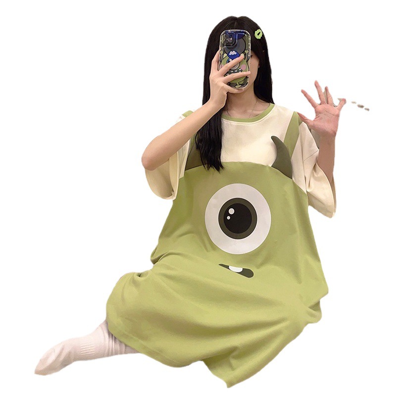Summer Thin Imitation Cotton Nightgown Short-Sleeved Women's Cartoon Long Midi Skirt Large Size Loose Girl's Pajamas Cute Style