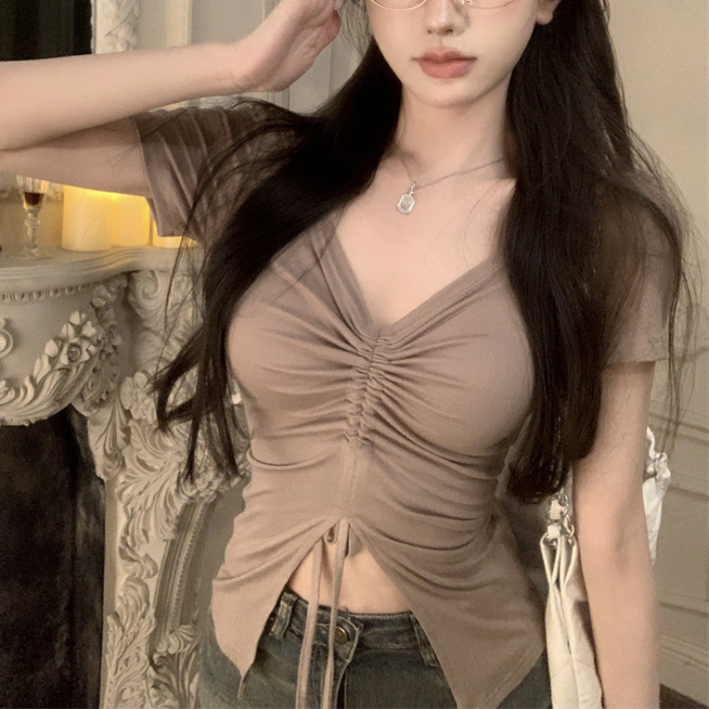Sexy Spice Girl Short-sleeved T-shirt Women's Summer 2025 New Style Pleated Drawstring Design Unique Chic Navel Top