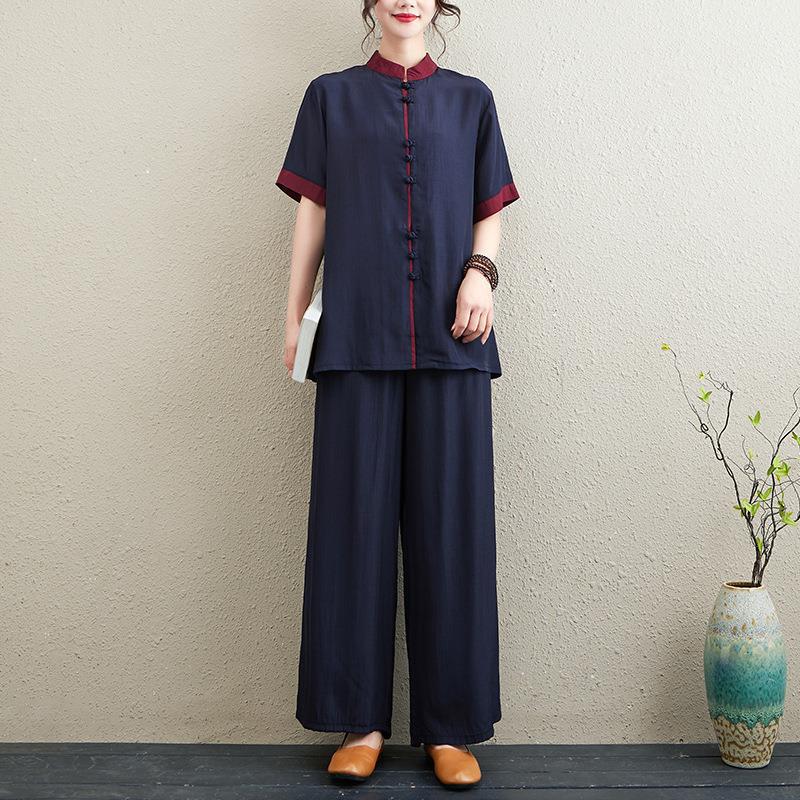 Picture of 2024 Summer New Chinese Style Retro Loose Slim Casual Temperament Zen Tea Wear Yoga Wear Tai Chi Suit for Women