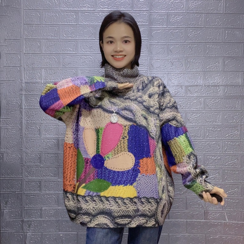 2024 Winter Mink Fleece Printed European Sweater Women's Thickened Hot Rhinestone Wear plus size Loose Knitted Top Trendy