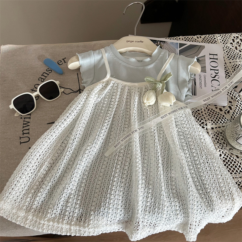 Korean Style Children's Wear 2024 New Summer Girls' Blue Vacant Skirt Children's Styline Lace Slip Skirt Two-Piece Trendy
