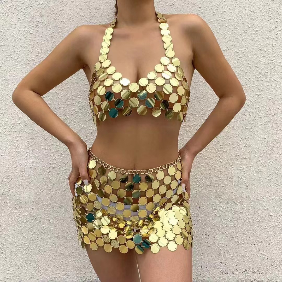 AliExpress 2022 Amazon sexy backless sheath fish scale sequined top suspender skirt chain skirt INS