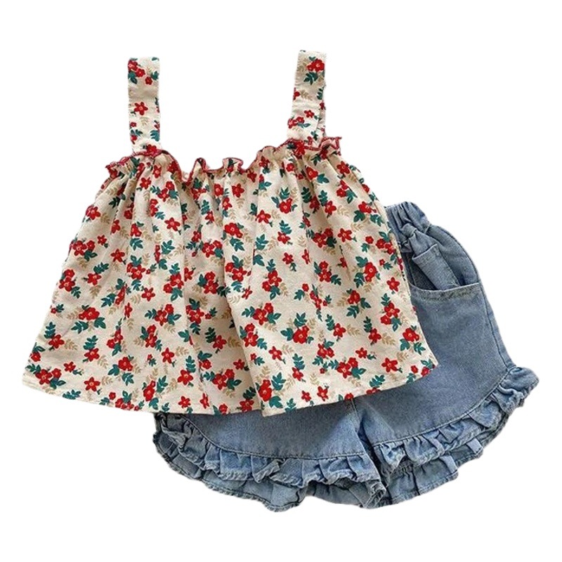 2024 New girls' summer clothes suit fashionable baby girls' sleeveless top children's western style vest sling two-piece suit