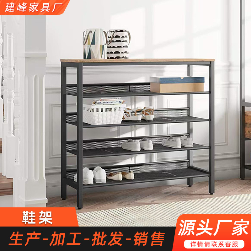 Simple shoe rack wooden board iron net can sit shoe stool household entrance multi-layer economic storage shoe cabinet wholesale