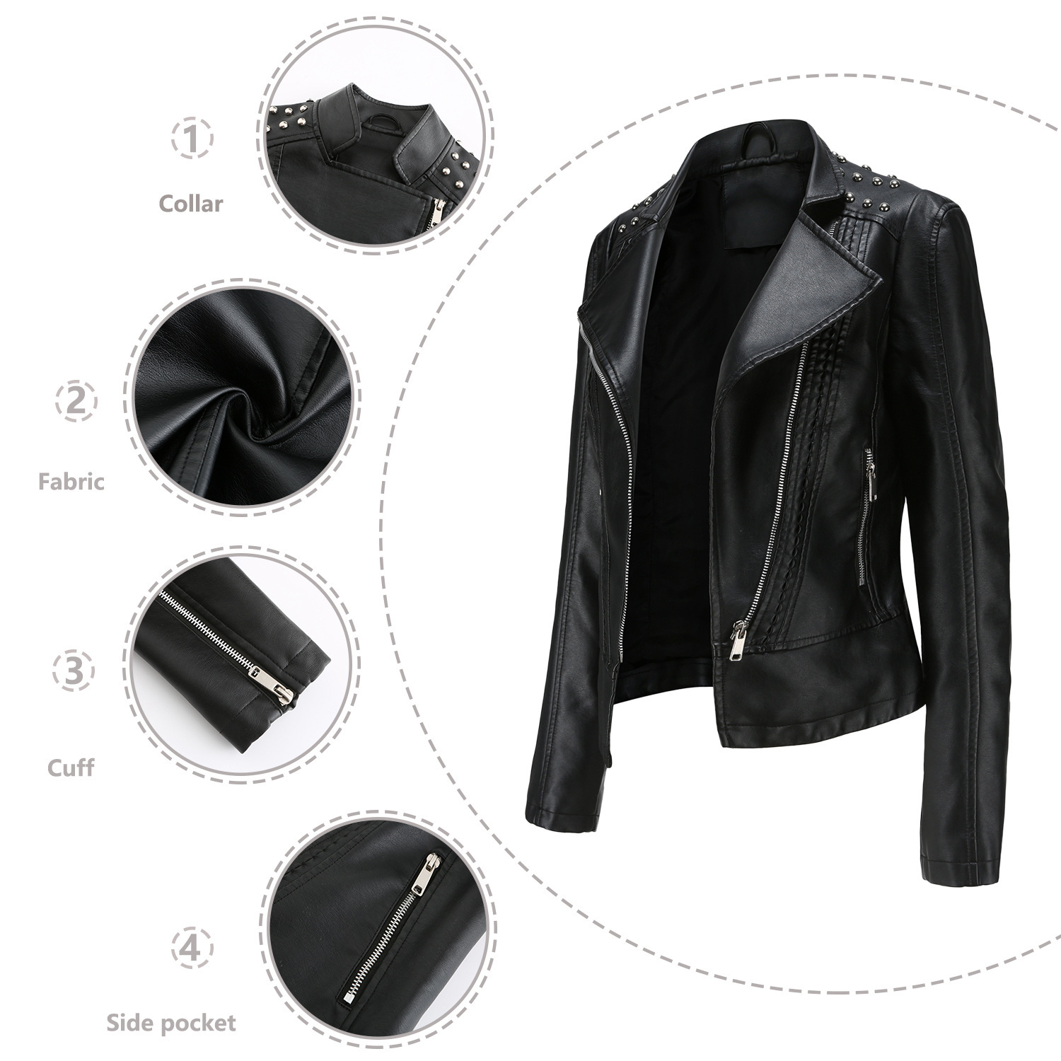 Picture of Boutique leather clothing Women Beaded Leather Jacket Lapel Spring and Autumn High-grade PU Leather Jacket