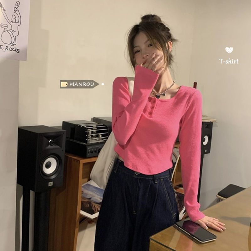 T-shirt Base Shirt Women's Pure Desire V-neck T-shirt Women's Early Autumn Short Spice Girl Inner Long Sleeve Base Shirt Design Sense
