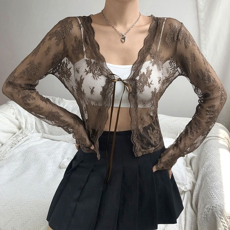 Picture of Cross-border Foreign Trade Sexy Spice Girl Lace Perspective Small Cardigan Women's Pure Desire Wind Lace-up Long Sleeve Sun Protection Cardigan Top