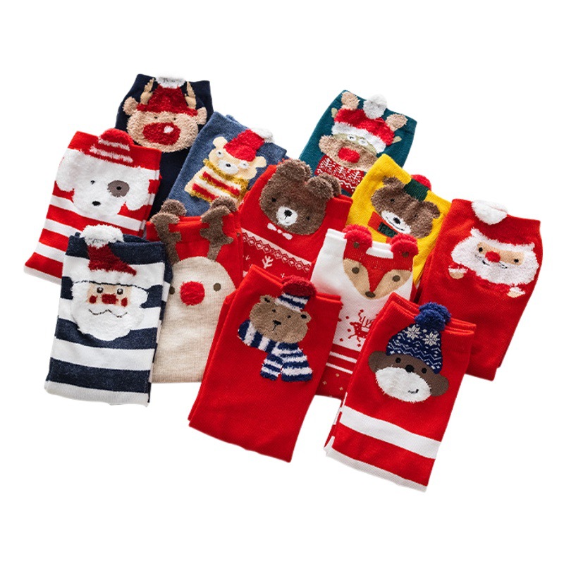 Christmas Socks Clear Autumn and Winter New Big Red Socks Cartoon Striped Women's Socks Three-Dimensional Ear Mid-Tube Socks Japanese Style Wholesale