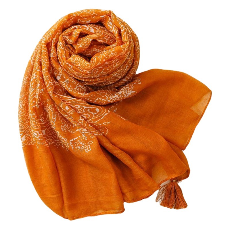 Plain Elegant Fresh Style Cotton and Linen Hand Scarf Women's Satin Cotton Orange Cashew Flower Tassel Gauze Shawl