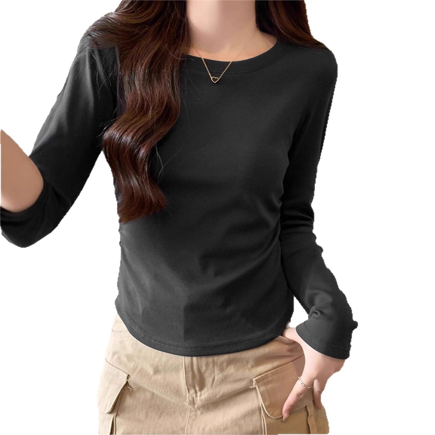 Picture of American Long-Sleeved Bottoming Shirt for Women in Autumn and Winter 2025 New Curved Hem Asymmetrical T-Shirt with Inner Top