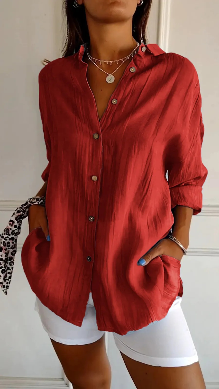 Picture of 2024 New Single-breasted Pleated Lapel Shirt Independent Station Explosions Women's Solid Color European and American Sleeve Top