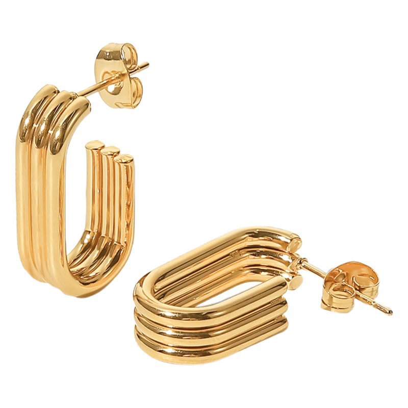 INS wind geometric new titanium steel earrings earrings 18K gold stainless steel three-layer ring U-shaped opening earrings