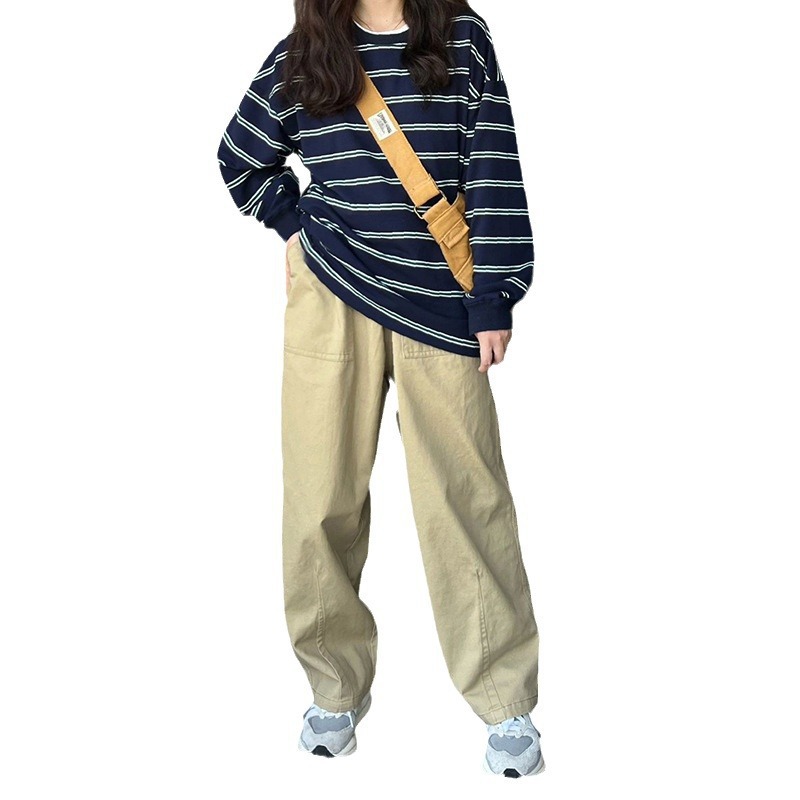 Picture of Chic Korean-style Striped Thin Sweatshirt Women's plus size Loose Autumn and Winter New Retro Long-sleeved Trendy Cross-border Top