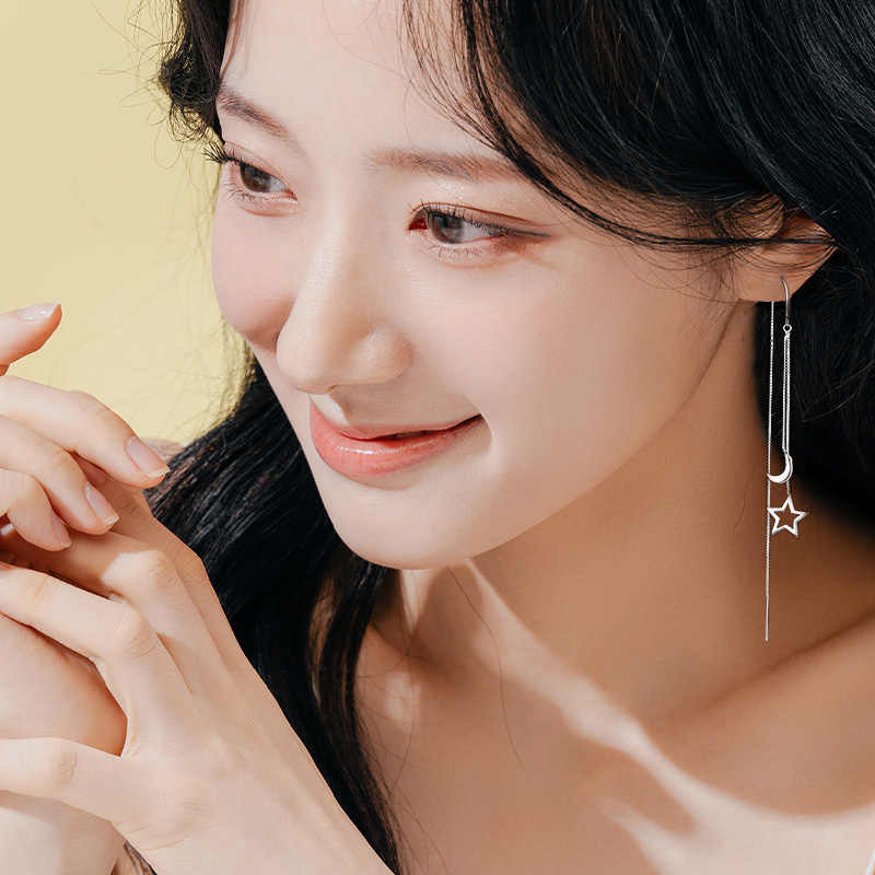 Picture of Summer New Style Earrings That Make Your Face Slimmer, Long Style, Versatile Student K-Style, Internet Celebrity Niche Cut Out Star and Moon Earrings