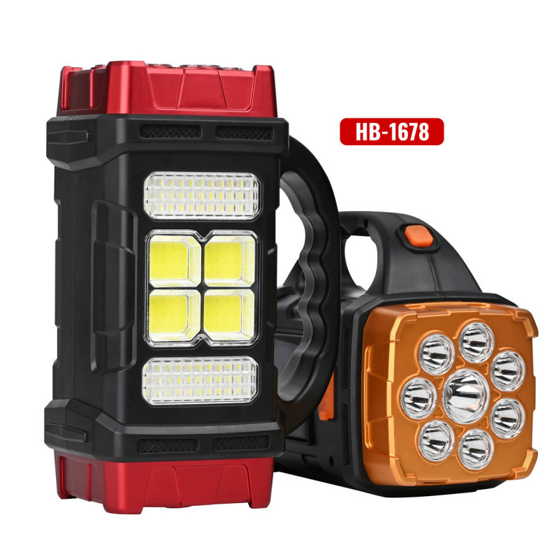 Two solar portable lights, household emergency external strong light charging led flashlight, USB dual light source camping searchlight