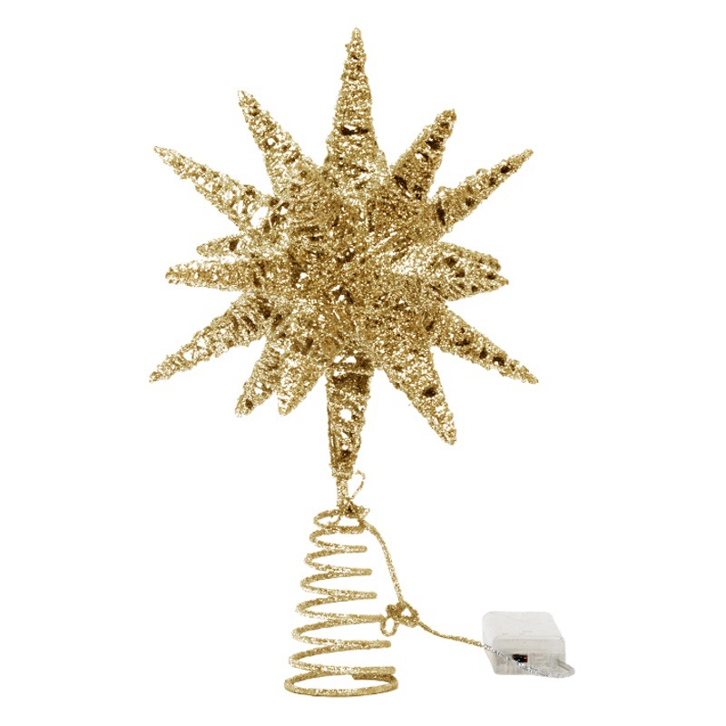 Cross-Border New Christmas Tree Top Star Christmas Tree Decoration Golden Five-Pointed Star Boli Star Glowing Iron Star