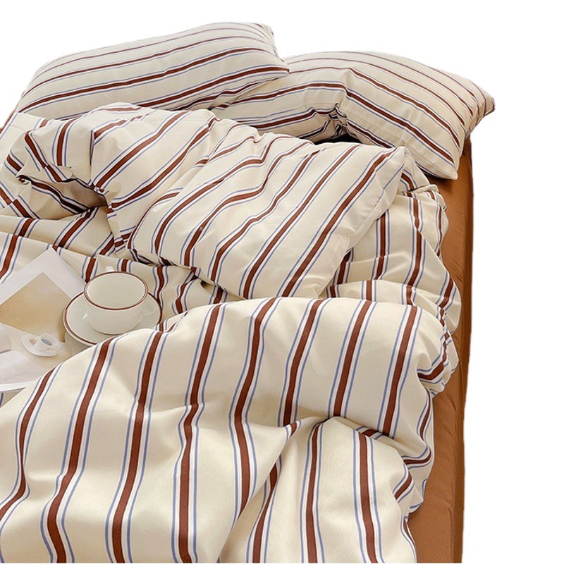 Japanese ins Wind-washed cotton sheets four-piece set Korean simple striped student skin-friendly cotton three-piece set on behalf of wholesale