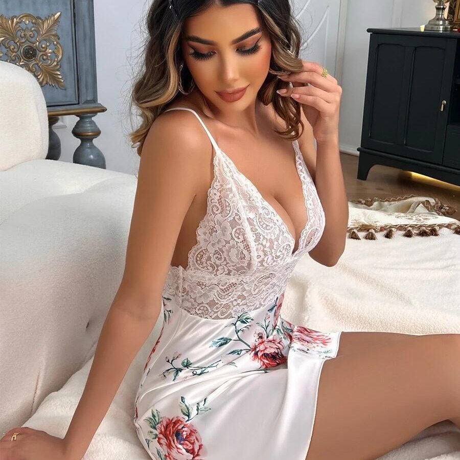 Midnight Glamour Sling Underwear Slip Skirt Satin Printed Pajamas Nightwear Lace Stitching Home 6016
