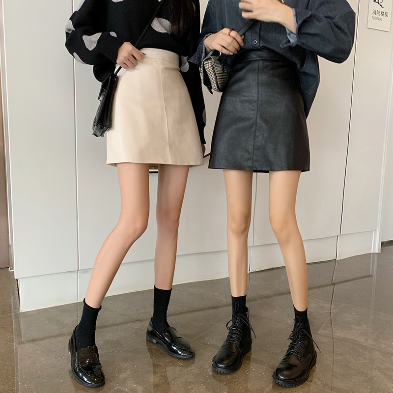 2022 New Hip Skirt Puleather Skirt Women's Autumn and Winter Elegant A- Line Skirt Slimming High Waist Skirt Trendy Ins