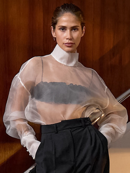 Europe and the United States sexy perspective mesh high sense long sleeve shirt 2025 spring and summer fashion new cross-border wholesale top women