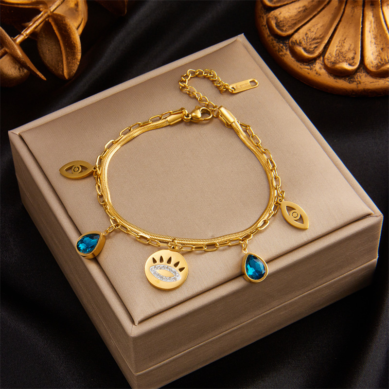 Picture of European and American Cross-Border Fashion Simple Metal Titanium Steel Retro Blue Diamond Water Drop Hollow Eye Double-Layer Chain Bracelet