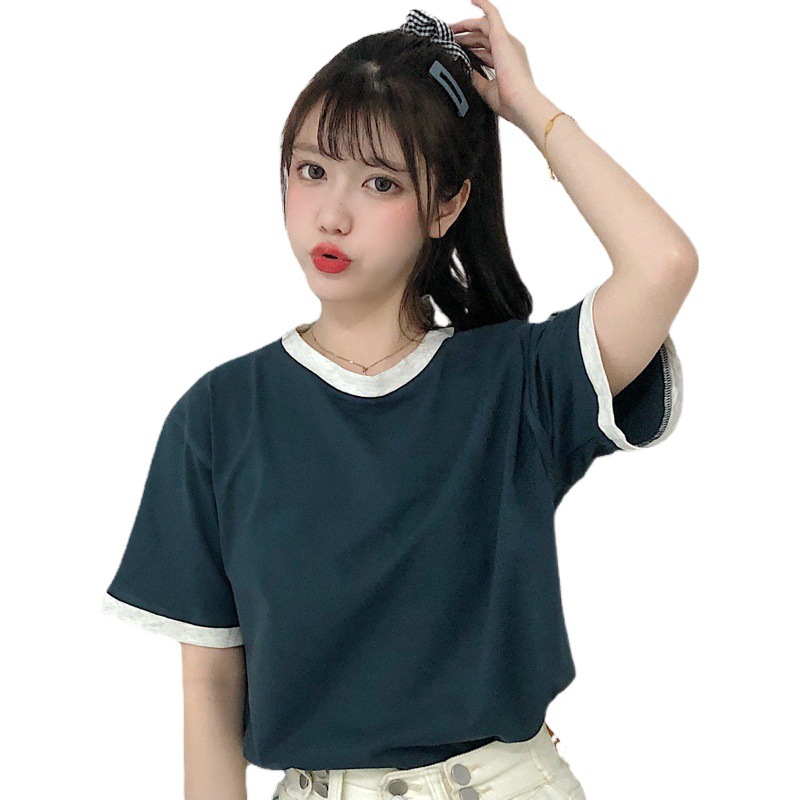 Insert color short sleeve T-shirt women's summer loose bottoming shirt women's casual couple's top women's contrast color Korean women's clothing wholesale