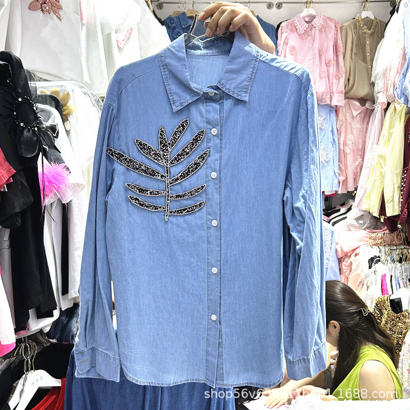 Picture of European Design Diamond-Encrusted Long-Sleeved Denim Shirt for Women Spring & Fall New Loose Fashion Retro American Top Korean Version