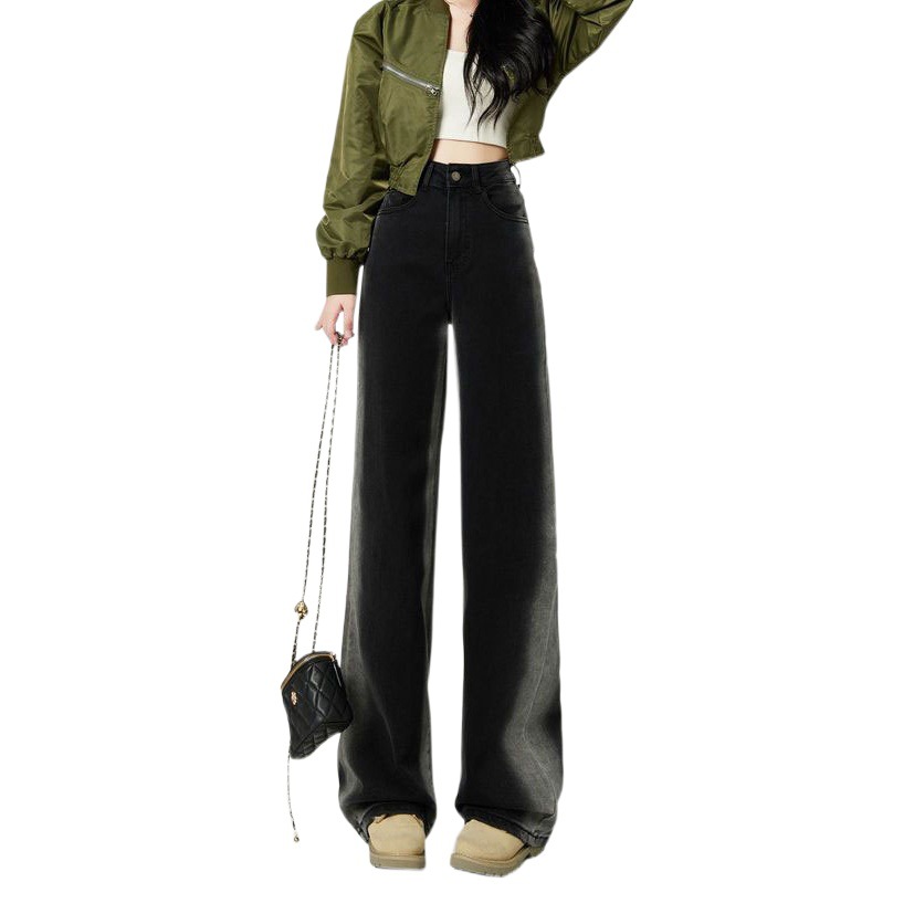 Gradient straight trousers autumn and winter contrast color thickened high waist loose warm fleece-lined wide leg mopping pants jeans for women