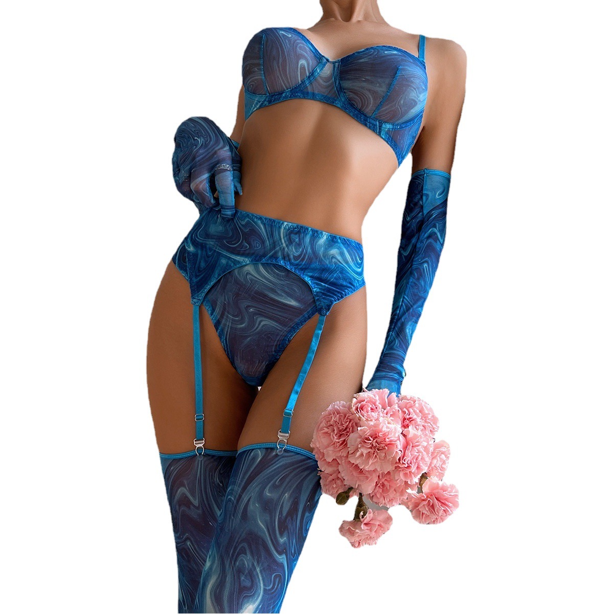European and American Foreign Trade AliExpress Explosions Sexy Underwear Sexy Perspective Gathered Printed Gloves Leg Set Women's Five-piece Set
