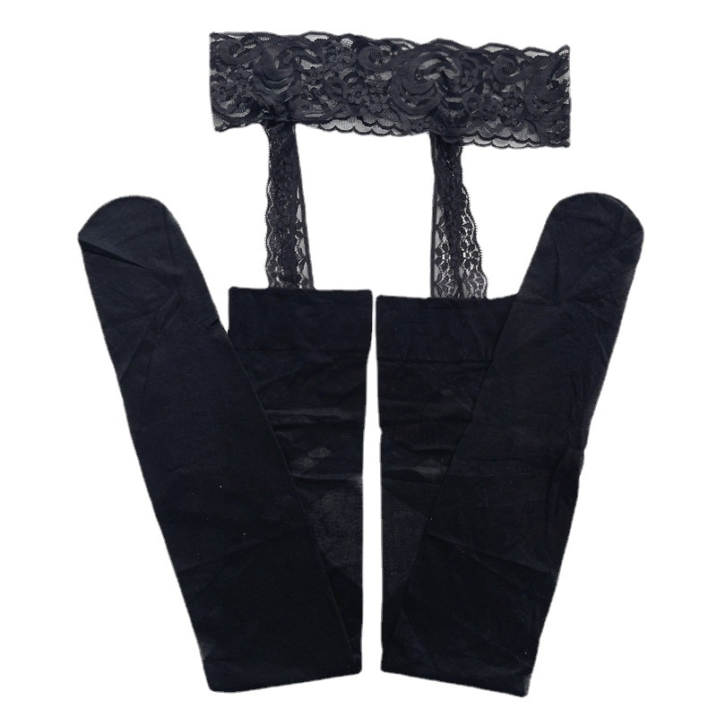 Picture of Komankang Cross-Strap Garter Stockings Sexy Ultra-Thin Black Silk Lace Anti-Snag Pantyhose Garter Stockings